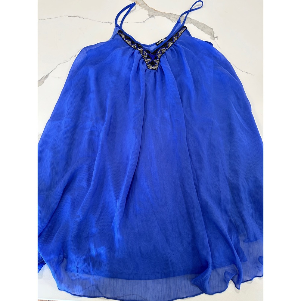 Express Royal Blue‎ Beaded V-Neck Chiffon Cami Tank Top Womens Small